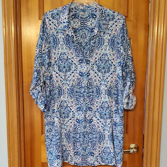 Lilly Pulitzer Lilith Tunic Button Dress In Blue And Aqua Pattern Size XL - Picture 2 of 12